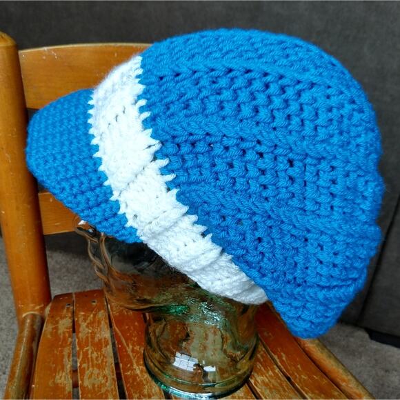 Pool Blue Slouchy with a Brim white band handmade crochet OSFM ready to ship main image 4
